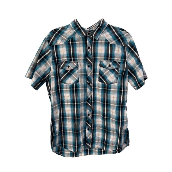 Surplus Plaid Shirt Size XL Short Sleeve Button Front Teal White Western Preppy - Picture 1 of 7